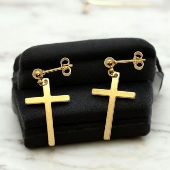 Elegant Gold Cross Earrings Stainless Steel Pierced Ears Women's Jewelry Dangle - Picture 3 of 5